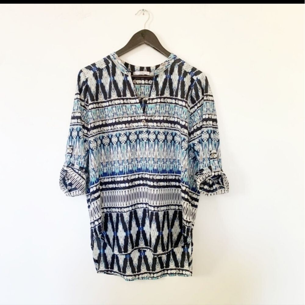 Dex Top Blues Tribal Print Mandarin Collar Shirt Cover up Sm